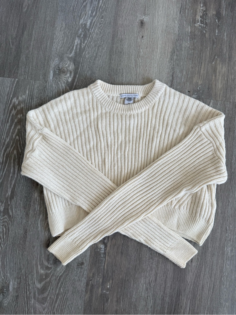 Urban Outfitters Off-White Cropped Ribbed Crewneck Sweater